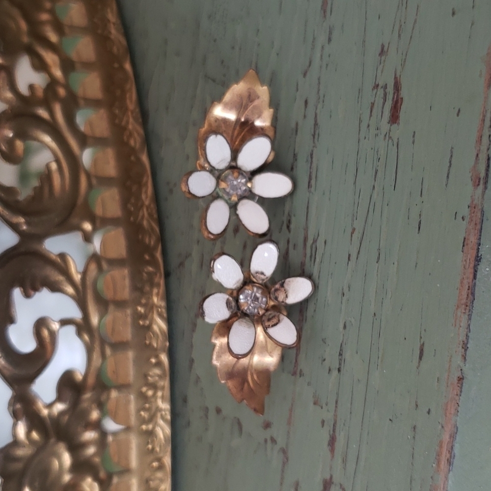 Antique Vintage Reworked Enamel Floral Rhinestone Stud Earrings
